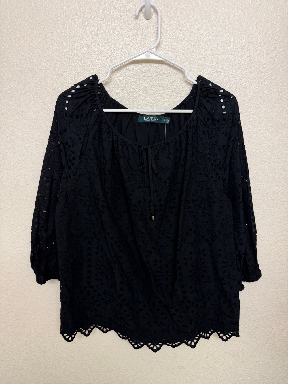 Ralph Lauren Black Eyelet Tie-Neck Blouse